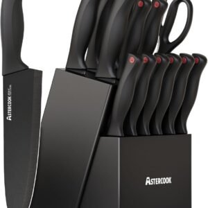 Astercook 15 Piece Knife Set with Sharpener Block - German Stainless Steel, Dishwasher Safe Kitchen Knives with Built-In Sharpener, Black