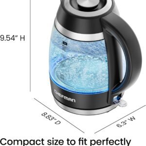 Chefman Electric Kettle, 1.8L 1500W, Hot Water Boiler, Removable Lid for Easy Cleaning, Auto Shut Off, Boil-Dry Protection, Stainless Steel Filter, BPA Free, Borosilicate Glass Electric Tea Kettle
