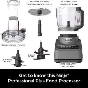 Ninja Food Processor, Professional Plus, 1000 Peak Watts, 4 Functions for Chopping, Slicing, Purees & Dough with 9-Cup Processor Bowl, 3 Blades, Food Chute & Pusher, Silver, BN601