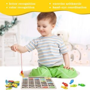 Magnetic Wooden Fishing Game Toy for Toddlers, Alphabet Fish Catching Counting Games Puzzle with Numbers and Letters, Preschool Learning ABC Math Educational Toys 3 4 5 Years Old Girl Boy Kids