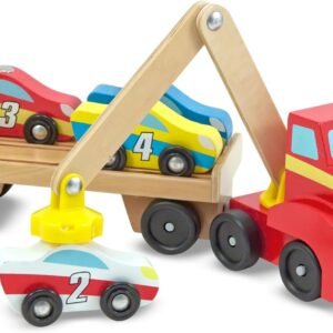 Melissa & Doug Magnetic Car Loader Wooden Toy Set with 4 Cars and 1 Semi-Trailer Truck Crane Wooden Toy, Vehicle Toys for Kids Ages 3+
