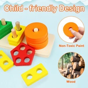 PEBIRA Montessori Toys for 1 to 3-Year-Old Boys Girls Toddlers, Wooden Sorting & Stacking Toys for Toddlers and Kids Preschool, Educational Color Recognition Shape Sorter, Learning Puzzles Gift