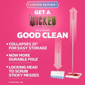 Swiffer Sweep and Mop Deluxe, Limited Edition Pink Wicked: for Good, 2-in-1 Floor Mopping and Sweeping Kit, 1 Sweeper Device, 5 Heavy Duty Dry Sweeping Cloths, 3 Heavy Duty Wet Mopping Cloths