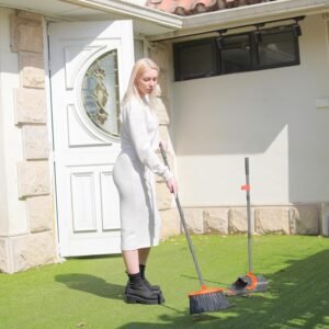 Broom and Dustpan Set for Home, Broom and Dustpan Combo for Office, Long Handle Broom with Upright Standing Dust pan,Indoor&Outdoor Sweeping (Gray&Orange)