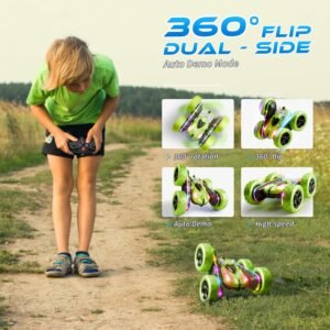 Remote Control Car – WD 360° Flip Double‑Sided RC Stunt Car LED Light Bar & USB‑C Modular Battery, Off‑Road Toys for Boys Ages 6‑12, Birthday Gift, Black‑Green