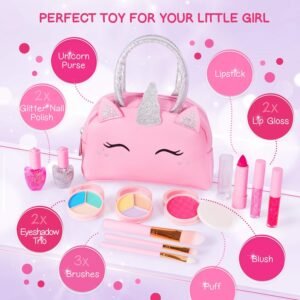 Kids Real Makeup Kit with Pink Unicorn Purse, Non Toxic Washable Make Up Set - Unicorn Toys for Girls Age 4-6, Gifts for 5 Year Old Girls Birthday Gift Ages 3 4 5 6 7 8 9 10 Years - Toys for Ages 5-7