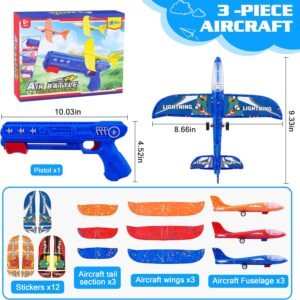 3 Pack Airplane Launcher Toys, 2 Flight Modes LED Foam Glider Catapult Plane, Outdoor Flying Toy for Kids, Birthday Gifts for Boy Girl 6+ Year Old, B-Day Party Supplies