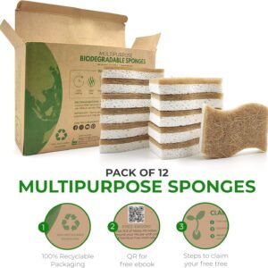 Biodegradable Natural Kitchen Sponge - Compostable Cellulose and Coconut Walnut Scrubber Sponge (12 Pack)