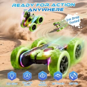 Remote Control Car – WD 360° Flip Double‑Sided RC Stunt Car LED Light Bar & USB‑C Modular Battery, Off‑Road Toys for Boys Ages 6‑12, Birthday Gift, Black‑Green