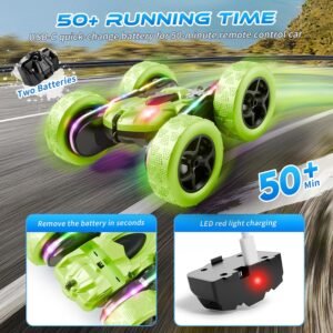 Remote Control Car – WD 360° Flip Double‑Sided RC Stunt Car LED Light Bar & USB‑C Modular Battery, Off‑Road Toys for Boys Ages 6‑12, Birthday Gift, Black‑Green