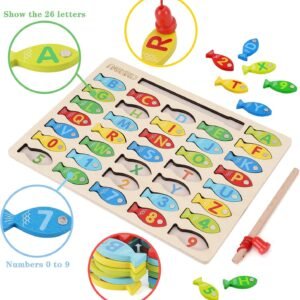 Magnetic Wooden Fishing Game Toy for Toddlers, Alphabet Fish Catching Counting Games Puzzle with Numbers and Letters, Preschool Learning ABC Math Educational Toys 3 4 5 Years Old Girl Boy Kids