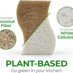 Biodegradable Natural Kitchen Sponge - Compostable Cellulose and Coconut Walnut Scrubber Sponge (12 Pack)