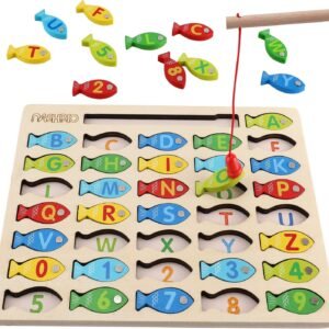 Magnetic Wooden Fishing Game Toy for Toddlers, Alphabet Fish Catching Counting Games Puzzle with Numbers and Letters, Preschool Learning ABC Math Educational Toys 3 4 5 Years Old Girl Boy Kids