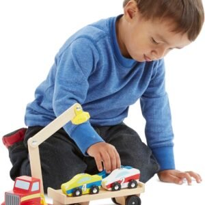 Melissa & Doug Magnetic Car Loader Wooden Toy Set with 4 Cars and 1 Semi-Trailer Truck Crane Wooden Toy, Vehicle Toys for Kids Ages 3+