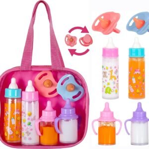 fash n kolor® My Sweet Baby Disappearing Doll Feeding Set, Baby Care 6 Piece Doll Feeding Set - for Toy Stroller | 2 Milk & Juice Bottles with 2 Toy Pacifier for Baby Dolls - Kids Gift Set