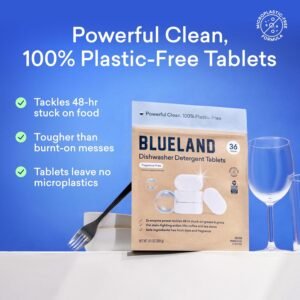 BLUELAND 100% Plastic-Free Dishwasher Detergent Tablets, 120 Count, Free & Clear, Eco-Friendly Dishwashing Pods, Natural, USDA Certified biobased