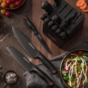 Astercook 15 Piece Knife Set with Sharpener Block - German Stainless Steel, Dishwasher Safe Kitchen Knives with Built-In Sharpener, Black