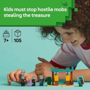 LEGO MINECRAFT BUILDING TOY – The Illager Desert Patrol is an action-packed kids’ toy that brings the popular video game to life for boys and girls ages 7 years old and up 4 MINECRAFT FIGURES – This playset includes 3 illagers, 1 hero character and a variety of authentic accessories, including a diamond sword, shield and armor VIDEO GAME TOYS FOR KIDS – Kids use cool weapons and launch missiles with a flick of their finger to stop illagers stealing their treasure DESERT CASTLE PLAYSET – This small LEGO set for kids is filled with Minecraft battle action centered around protecting a barrel full of treasure MINECRAFT GIFT – This small building set is a fun birthday, holiday, or gift idea for boys and girls who love creative adventure toys or those that play the Minecraft video game MINECRAFT MADE REAL – LEGO Minecraft building toys for kids give players a different way to enjoy the game with mobs, scenes and features brought to life with the creativity of LEGO bricks DIMENSIONS – The completed playset measures over 3 in. (8 cm) high, 4 in. (11 cm) wide and 2 in. (6 cm) deep