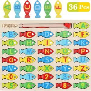 Magnetic Wooden Fishing Game Toy for Toddlers, Alphabet Fish Catching Counting Games Puzzle with Numbers and Letters, Preschool Learning ABC Math Educational Toys 3 4 5 Years Old Girl Boy Kids