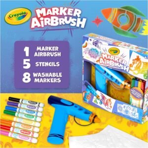 Crayola Marker Airbrush Spray Art Kit, Battery-Powered Sprayer with 8 Washable Markers & 5 Stencils, Holiday for Kids, DIY Craft Set, Ages 6+