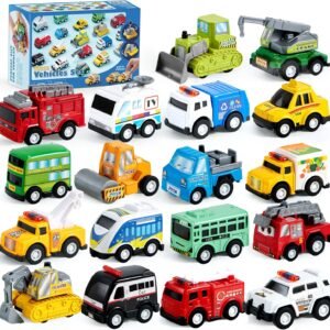 JOYIN 18 Pcs Pull Back City Cars and Trucks Toy Vehicles Set, Friction Powered Cars Toys for Toddlers, Kids Stocking Stuffers, Treasure Box Gifts for Classroom, Christmas Great Gifts for Grandkids